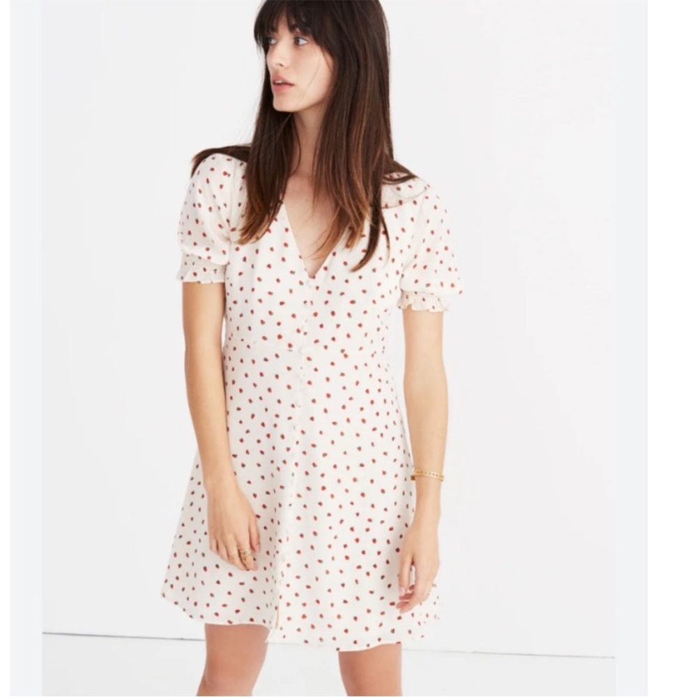 Madewell Strawberry Print Button Front Silk Dress 6 NWT